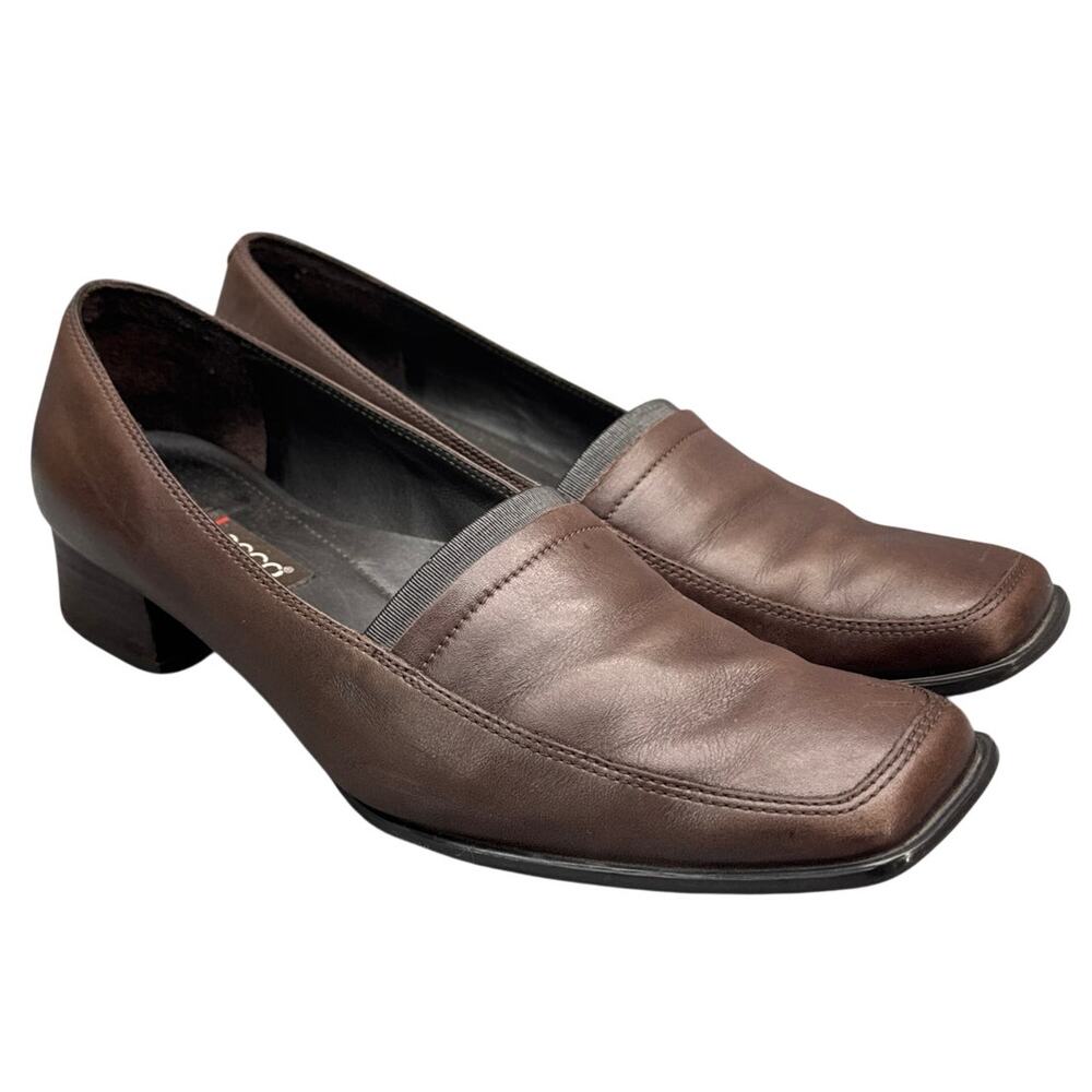Ecco Brown Leather Square Toe Slip On Block Heel Dress Loafer Women 8/38